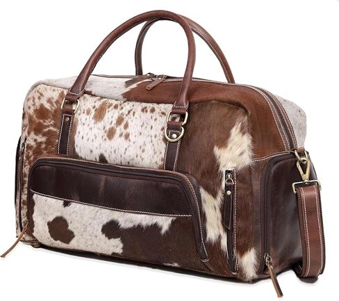 Leather Duffel Bag for Men & Women, Genuine Weekender Travel Bag, Handmade Overnight Gym Bag with Shoulder Strap, Carry-On for Business & Outdoor Travel (Yukon Hair Duffel, Brown & White, 22 Inch) in Saudi Arabia