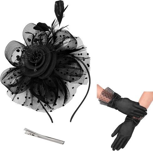 Womens Fascinators Hats and Gloves Set Short Lace Gloves Tea Party Flower Mesh Hair Clips in Saudi Arabia