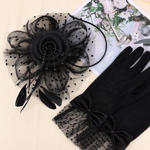 Womens Fascinators Hats and Gloves Set Short Lace Gloves Tea Party Flower Mesh Hair Clips in Saudi Arabia