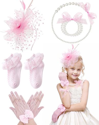Derby Fascinators Hats Set - 5 Pcs Girls Kentucky Hat with Pearl Necklace Bracelet Gloves and Ruffle Ankle Socks in Saudi Arabia