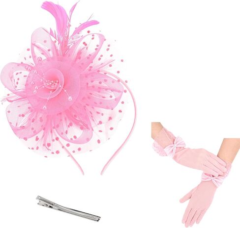 Womens Fascinators Hats and Gloves Set Short Lace Gloves Tea Party Flower Mesh Hair Clips in Saudi Arabia