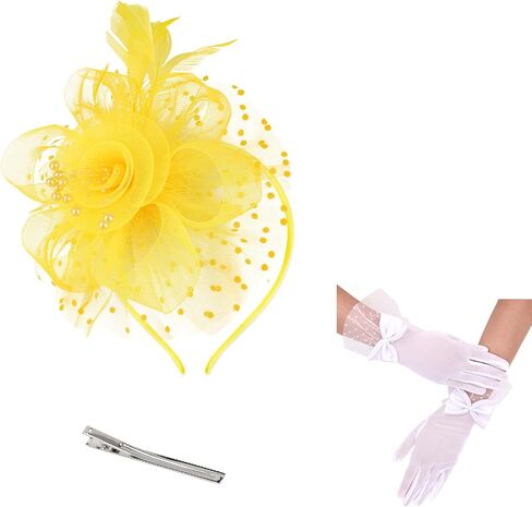 Womens Fascinators Hats and Gloves Set Short Lace Gloves Tea Party Flower Mesh Hair Clips in Saudi Arabia