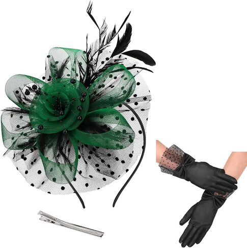 Womens Fascinators Hats and Gloves Set Short Lace Gloves Tea Party Flower Mesh Hair Clips in Saudi Arabia