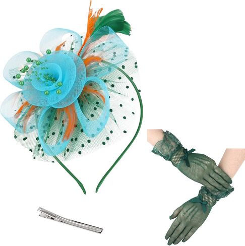 Womens Fascinators Hats and Gloves Set Short Lace Gloves Tea Party Flower Mesh Hair Clips in Saudi Arabia
