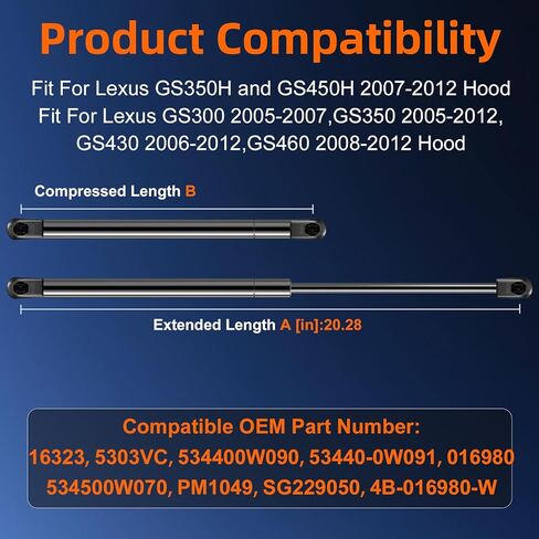 Qty (2) Front Hood Strut Lift Support for Lexus GS350H GS450H 2007-2012, Bonnet Gas Shock for Lexus GS300 2005-2007, GS350 2005-2012, GS430 2006-2012, GS460 2008-2012 Replace OE# 534500W071 in Saudi Arabia