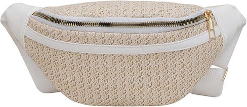 Woven Bum Bag Straw PU Leather Sling Purse with Adjustable Belt Fanny Waist Pack Chest Shoulder Bag Casual Crossbody Bum Bags for Women Travel Daily Use(Beige) in Saudi Arabia