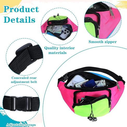 80s Neon Fanny Pack 2 Pockets 90s Belt Bags for Women Men Waist Retro Packs for Holiday Festival, 80s Theme Halloween Party, Vintage Rave Accessories Plus Size Belt Bag, Pink Bottom in Saudi Arabia
