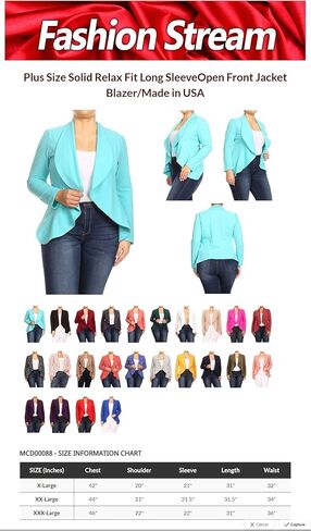 Women's Plus Size Long Sleeves Office Workwear Solid Blazer Jacket Made in USA in Saudi Arabia