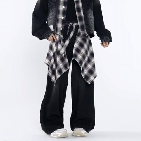 Women's Grunge Mini Plaid Skirt,Hip-Hop One-Piece Tie Up Asymmetrical Skirt,Y2k Overlapping Jeans Decorate Skater in Saudi Arabia