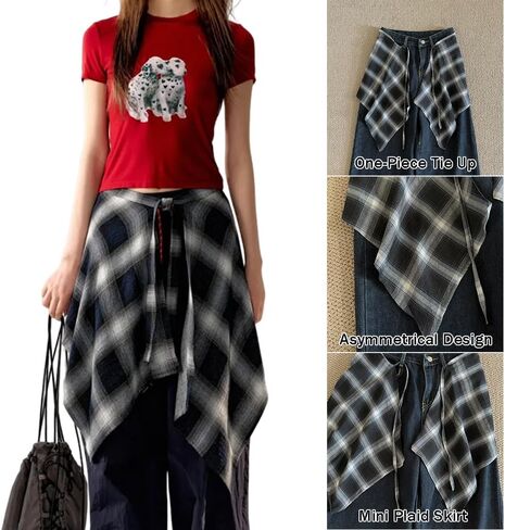 Women's Grunge Mini Plaid Skirt,Hip-Hop One-Piece Tie Up Asymmetrical Skirt,Y2k Overlapping Jeans Decorate Skater in Saudi Arabia