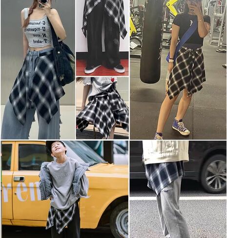 Women's Grunge Mini Plaid Skirt,Hip-Hop One-Piece Tie Up Asymmetrical Skirt,Y2k Overlapping Jeans Decorate Skater in Saudi Arabia