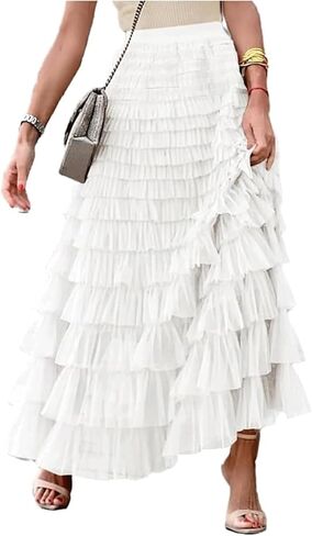 Womens Long Skirts Casual Elastic High Waisted Skirt Ruffle Tiered Tulle A Line Mid Skirt Puffy Layered Fashion Long Skirt Pink, X-Large in Saudi Arabia