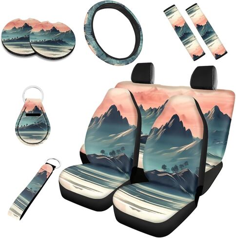 Van Gogh Almond Blossom 10 Pieces Print Car Seat Cover Full Set,Retro Oil Painting Turquoise Flower Covers Set Steering Wheel in Saudi Arabia