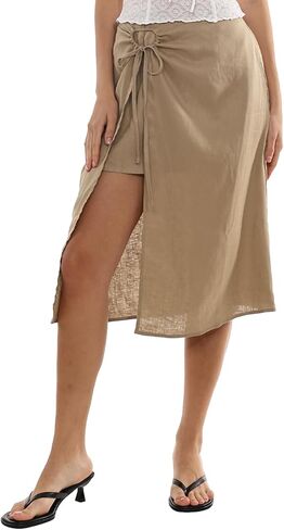 Amazhiyu Womens 100% Linen High Slit Wrap Midi Skirt Side Tie Back Elastic Summer in Saudi Arabia