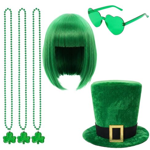6 Pcs St. Patrick's Day Leprechaun Costume Suit Set Leprechaun Hat Shamrock Necklace Green Wig Glasses for Adult Party Decor in Saudi Arabia