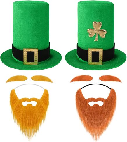 عبوة من قطعتين من قبعة القديس باتريك لبريشون مع لحية الجني الأيرلندية باللون الأخضر البرسيم قبعة للبالغين قبعة عيد القديس باتريك المفضلة للحفلات التنكرية in Kuwait