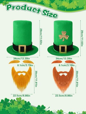 عبوة من قطعتين من قبعة القديس باتريك لبريشون مع لحية الجني الأيرلندية باللون الأخضر البرسيم قبعة للبالغين قبعة عيد القديس باتريك المفضلة للحفلات التنكرية in Kuwait