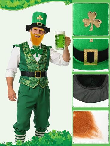 عبوة من قطعتين من قبعة القديس باتريك لبريشون مع لحية الجني الأيرلندية باللون الأخضر البرسيم قبعة للبالغين قبعة عيد القديس باتريك المفضلة للحفلات التنكرية in Kuwait