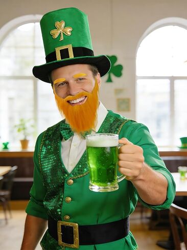 عبوة من قطعتين من قبعة القديس باتريك لبريشون مع لحية الجني الأيرلندية باللون الأخضر البرسيم قبعة للبالغين قبعة عيد القديس باتريك المفضلة للحفلات التنكرية in Kuwait