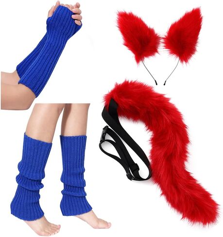 4pcs Fox Costume Set Red Fox Ears and Fluffy Tail with Blue Arm & Leg Warmers Halloween Cosplay Costume Accessories in Saudi Arabia