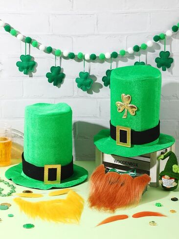 عبوة من قطعتين من قبعة القديس باتريك لبريشون مع لحية الجني الأيرلندية باللون الأخضر البرسيم قبعة للبالغين قبعة عيد القديس باتريك المفضلة للحفلات التنكرية in Kuwait