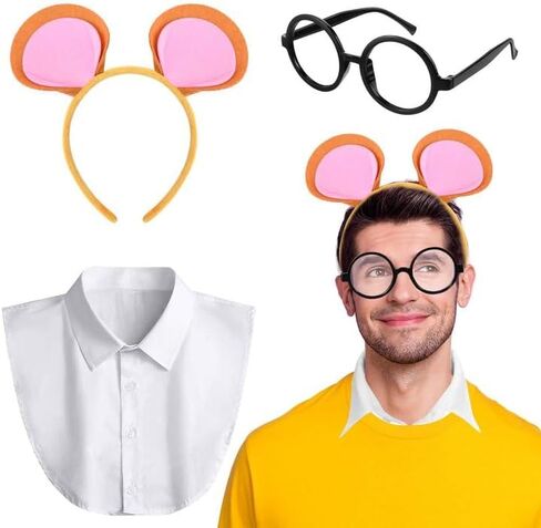 3 Pcs Chipmunk Aardvark Costume Set Including Pink Brown Ears Headband White Collar Black Nerd Glasses Book Character Costume for Men Women World Book Day Cosplay Party Supplies in Kuwait