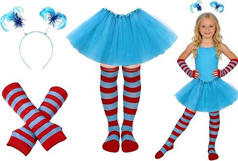 Blue Tutu Dress Cosplay Costume Set for Women, Includes Sheer Mini Skirt, Striped Stockings, Elastic Gloves and Hair Ribbon in Saudi Arabia