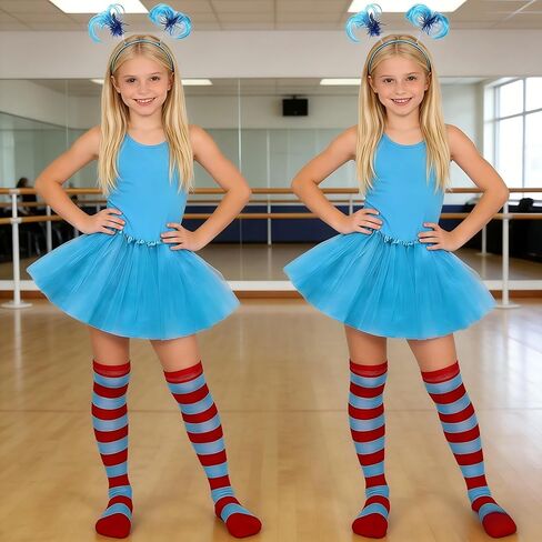 Blue Tutu Dress Cosplay Costume Set for Women, Includes Sheer Mini Skirt, Striped Stockings, Elastic Gloves and Hair Ribbon in Saudi Arabia