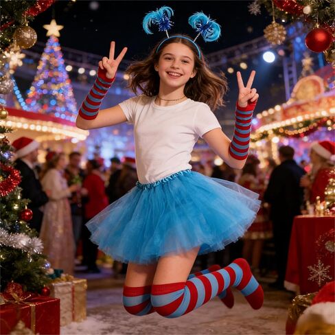 Blue Tutu Dress Cosplay Costume Set for Women, Includes Sheer Mini Skirt, Striped Stockings, Elastic Gloves and Hair Ribbon in Saudi Arabia