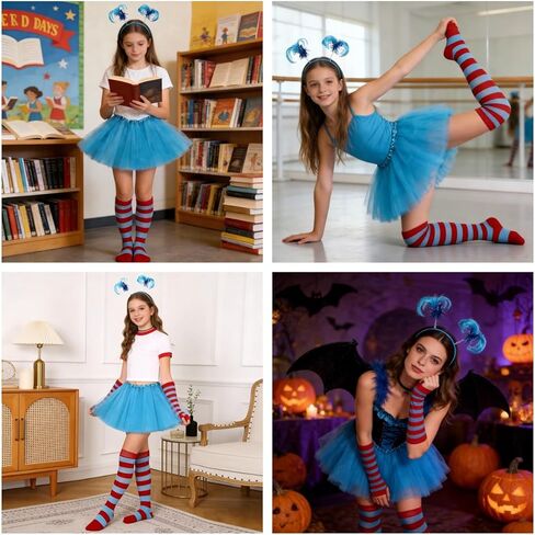 Blue Tutu Dress Cosplay Costume Set for Women, Includes Sheer Mini Skirt, Striped Stockings, Elastic Gloves and Hair Ribbon in Saudi Arabia
