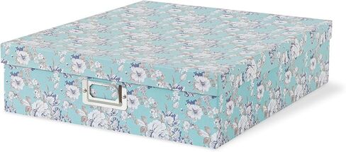 Soul & Lane Photo Storage Box with Lid, 14.8 × 13.0 × 3.7 Inches, Floral Keepsake Memory Organizer, Cardboard Storage for Photo Albums, Scrapbooks, Artwork, Stationary, Memorabilia, Blue Cottage in Saudi Arabia