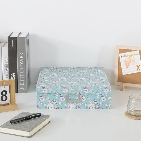 Soul & Lane Photo Storage Box with Lid, 14.8 × 13.0 × 3.7 Inches, Floral Keepsake Memory Organizer, Cardboard Storage for Photo Albums, Scrapbooks, Artwork, Stationary, Memorabilia, Blue Cottage in Saudi Arabia