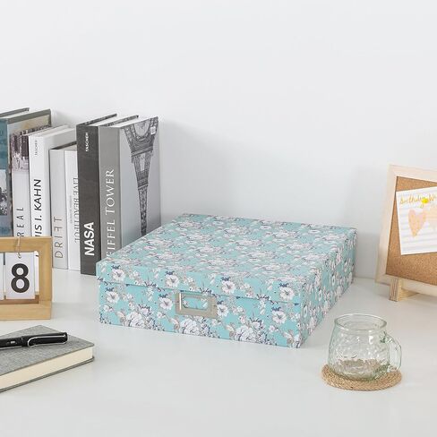 Soul & Lane Photo Storage Box with Lid, 14.8 × 13.0 × 3.7 Inches, Floral Keepsake Memory Organizer, Cardboard Storage for Photo Albums, Scrapbooks, Artwork, Stationary, Memorabilia, Blue Cottage in Saudi Arabia