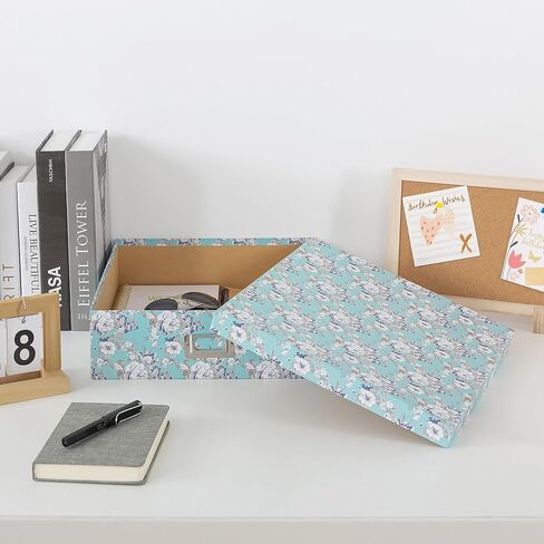 Soul & Lane Photo Storage Box with Lid, 14.8 × 13.0 × 3.7 Inches, Floral Keepsake Memory Organizer, Cardboard Storage for Photo Albums, Scrapbooks, Artwork, Stationary, Memorabilia, Blue Cottage in Saudi Arabia