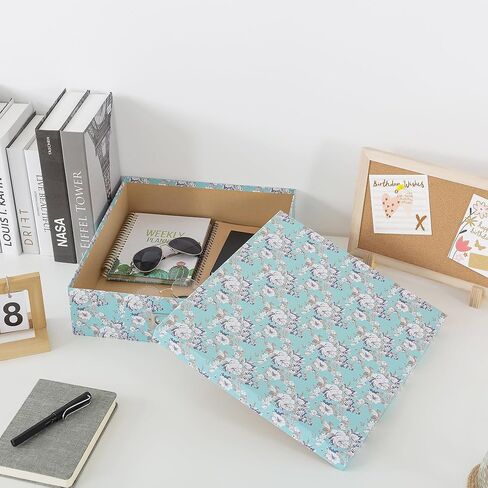 Soul & Lane Photo Storage Box with Lid, 14.8 × 13.0 × 3.7 Inches, Floral Keepsake Memory Organizer, Cardboard Storage for Photo Albums, Scrapbooks, Artwork, Stationary, Memorabilia, Blue Cottage in Saudi Arabia