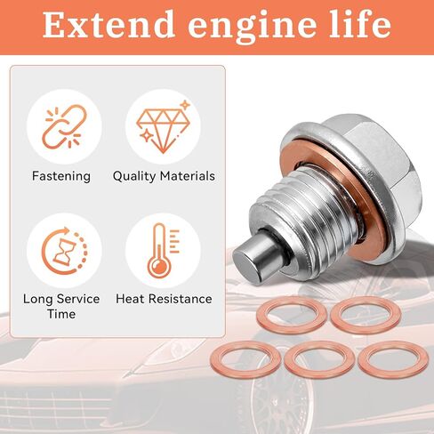 M14x1.5 Magnetic Oil Drain Plug, Stainless Steel Oil Pan Drain Plug with 5Pcs Copper Crush Washer, Strong Magnetic Oil Pan Drain Bolt, Universal Leak-Proof Replacement Fits Most Cars Motorcycles Boats in Kuwait