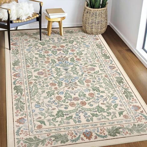 Beige Floral 8x10 Area Rugs for Living Room Large Washable Rug Vintage Forest Low Pile Non Slip Stain Resistance Soft Carpet for Dining Room, Bedroom, Office Rug, Kids Room, Nursery Room, Playroom in Saudi Arabia