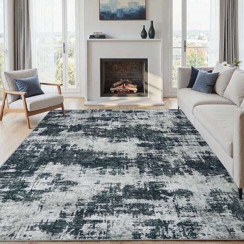 Area Rug 8x10 Living Room Rug Washable: No-Slip Modern Abstract Soft Thin Large Black Rugs Indoor Floor Stain Resistant Carpet for Bedroom Dining Room Farmhouse Nursery Home Office (Black, 8'x10') in Kuwait