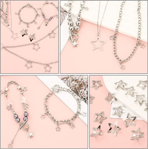 Y2k Accessories Set Included Star Y2k Silver Necklace Grunge Layered Necklace Hip Hop Pants Chain 20pcs Star Hair Clip for Women Birthday Party Holiday Gifts in Saudi Arabia