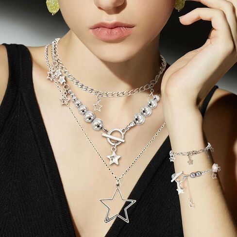 Y2k Accessories Set Included Star Y2k Silver Necklace Grunge Layered Necklace Hip Hop Pants Chain 20pcs Star Hair Clip for Women Birthday Party Holiday Gifts in Saudi Arabia
