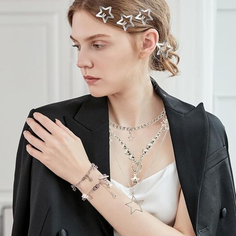 Y2k Accessories Set Included Star Y2k Silver Necklace Grunge Layered Necklace Hip Hop Pants Chain 20pcs Star Hair Clip for Women Birthday Party Holiday Gifts in Saudi Arabia