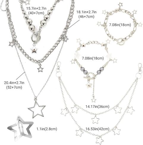 Y2k Accessories Set Included Star Y2k Silver Necklace Grunge Layered Necklace Hip Hop Pants Chain 20pcs Star Hair Clip for Women Birthday Party Holiday Gifts in Saudi Arabia