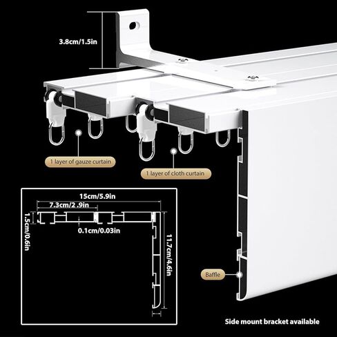 70cm-600cm Double Curtain Track System - Ceiling/Wall Mount, Silent Sliding Double Track with Valance Rod, Smooth Operation Curtain Rail, White, 70cm/2.30ft in Saudi Arabia