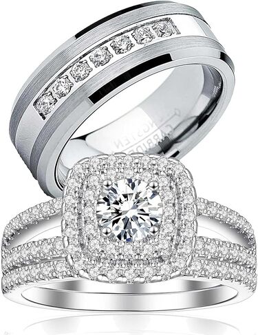 خواتم الزوجين مطلية بالذهب الأبيض 925 خاتم فضة استرليني 1CT مستدير AAAAA تشيكوسلوفاكيا للنساء خاتم الزواج مجموعات الرجال خاتم الزفاف in Kuwait