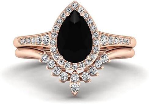 مجموعة خواتم خطوبة من الألماس الأسود على شكل كمثرى 3 قيراط للنساء | تخريمية خمر العتيقة هالة خاتم الزواج | مجوهرات مويسانيتي/أونيكس مصنوعة يدويًا | خاتم الذكرى الفضية/الذهبية لها/الهدايا in Kuwait