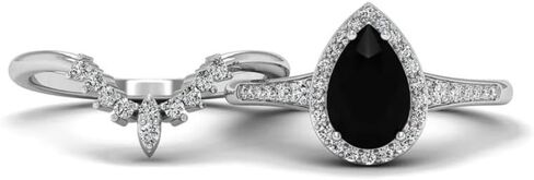 مجموعة خواتم خطوبة من الألماس الأسود على شكل كمثرى 3 قيراط للنساء | تخريمية خمر العتيقة هالة خاتم الزواج | مجوهرات مويسانيتي/أونيكس مصنوعة يدويًا | خاتم الذكرى الفضية/الذهبية لها/الهدايا in Kuwait