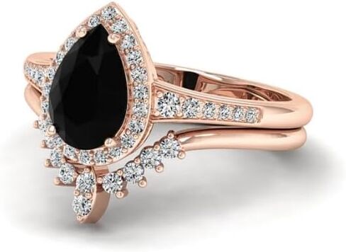 مجموعة خواتم خطوبة من الألماس الأسود على شكل كمثرى 3 قيراط للنساء | تخريمية خمر العتيقة هالة خاتم الزواج | مجوهرات مويسانيتي/أونيكس مصنوعة يدويًا | خاتم الذكرى الفضية/الذهبية لها/الهدايا in Kuwait