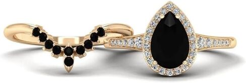 مجموعة خواتم خطوبة من الألماس الأسود على شكل كمثرى 3 قيراط للنساء | تخريمية خمر العتيقة هالة خاتم الزواج | مجوهرات مويسانيتي/أونيكس مصنوعة يدويًا | خاتم الذكرى الفضية/الذهبية لها/الهدايا in Kuwait