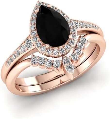 مجموعة خواتم خطوبة من الألماس الأسود على شكل كمثرى 3 قيراط للنساء | تخريمية خمر العتيقة هالة خاتم الزواج | مجوهرات مويسانيتي/أونيكس مصنوعة يدويًا | خاتم الذكرى الفضية/الذهبية لها/الهدايا in Kuwait