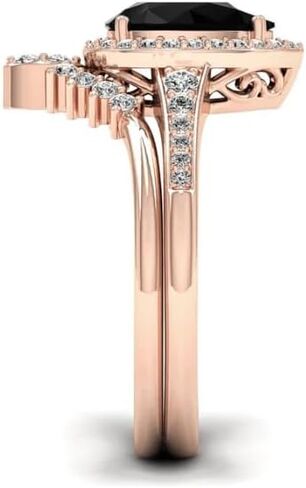 مجموعة خواتم خطوبة من الألماس الأسود على شكل كمثرى 3 قيراط للنساء | تخريمية خمر العتيقة هالة خاتم الزواج | مجوهرات مويسانيتي/أونيكس مصنوعة يدويًا | خاتم الذكرى الفضية/الذهبية لها/الهدايا in Kuwait